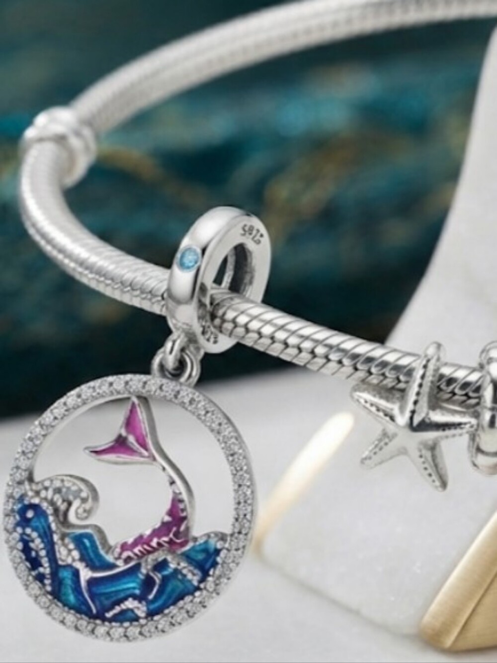 Sterling Silver Mermaid Wave Charm Bracelet Pendant - Blue & Pink
